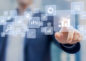 Businessmen pointing to graph icons